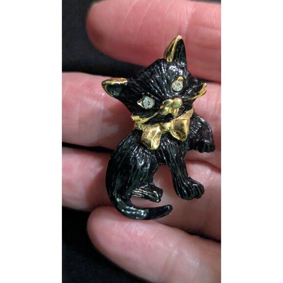 Black Cat Brooch Pin With Gold Bow & Rhinestones Retro Style 2” Vintage Accessor - Picture 2 of 6